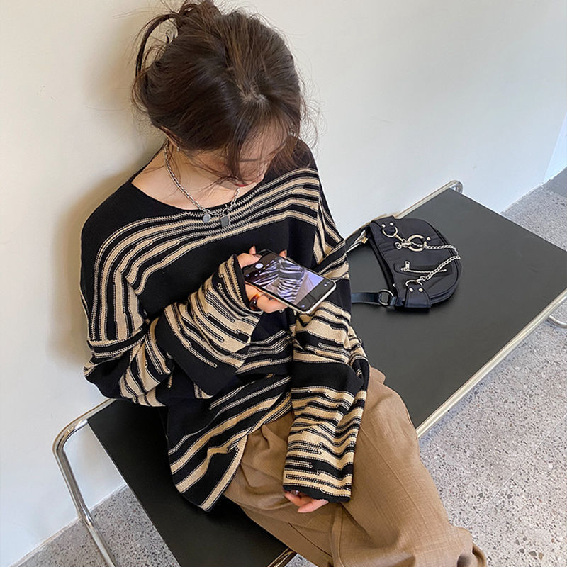 Dovne Strikvarer Tynd Dame Løs Stribet Sweater med Rund Hals