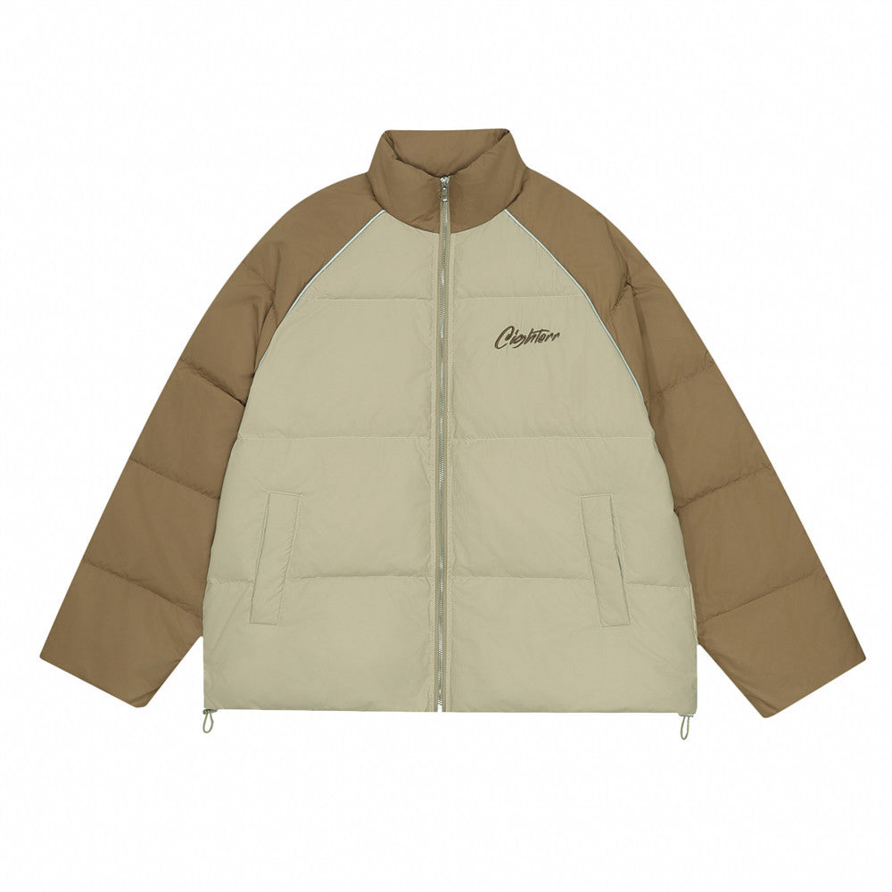 Color-block Raglan Sleeves Stand Collar Cotton-padded Coat