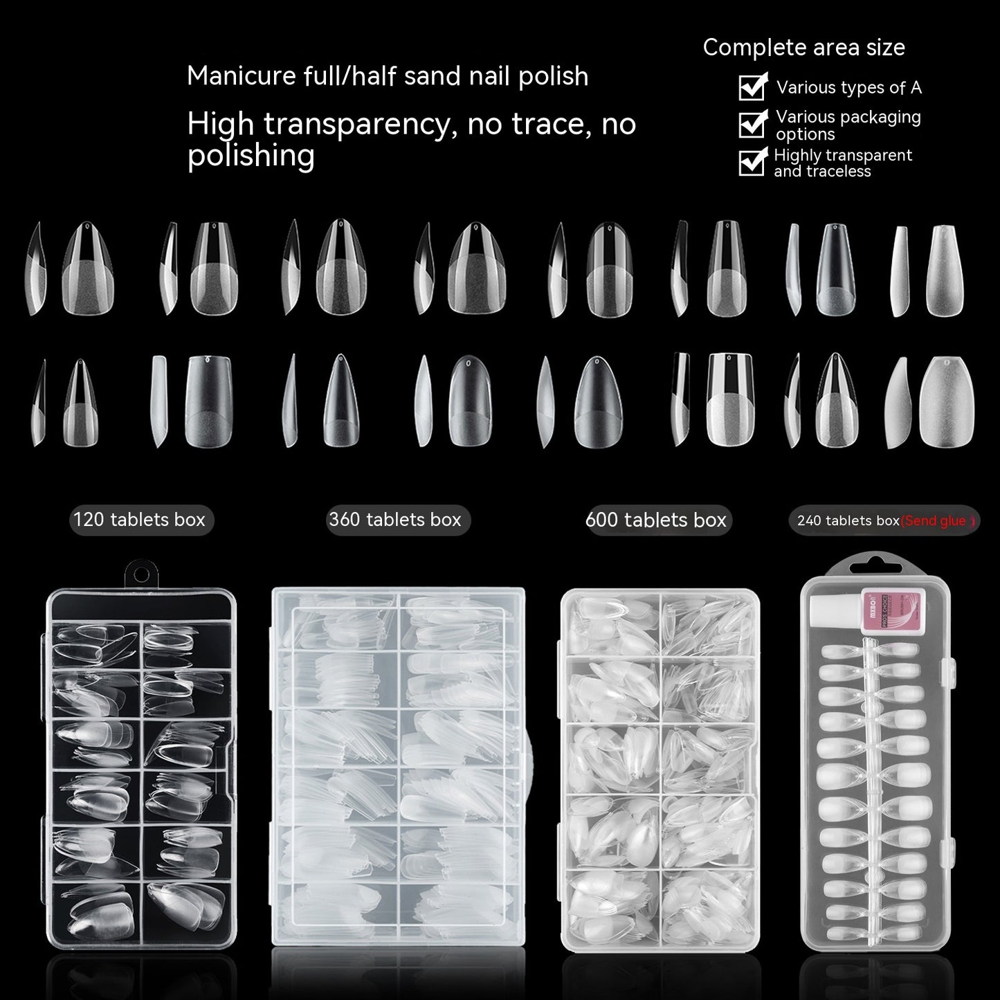 High Quality Transparent Seamless Square Long Ballet Frosted Fake Nails