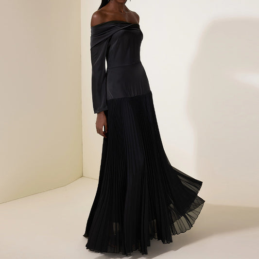 Off-shoulder Long-sleeve Slim-fit Black Patchwork Dress