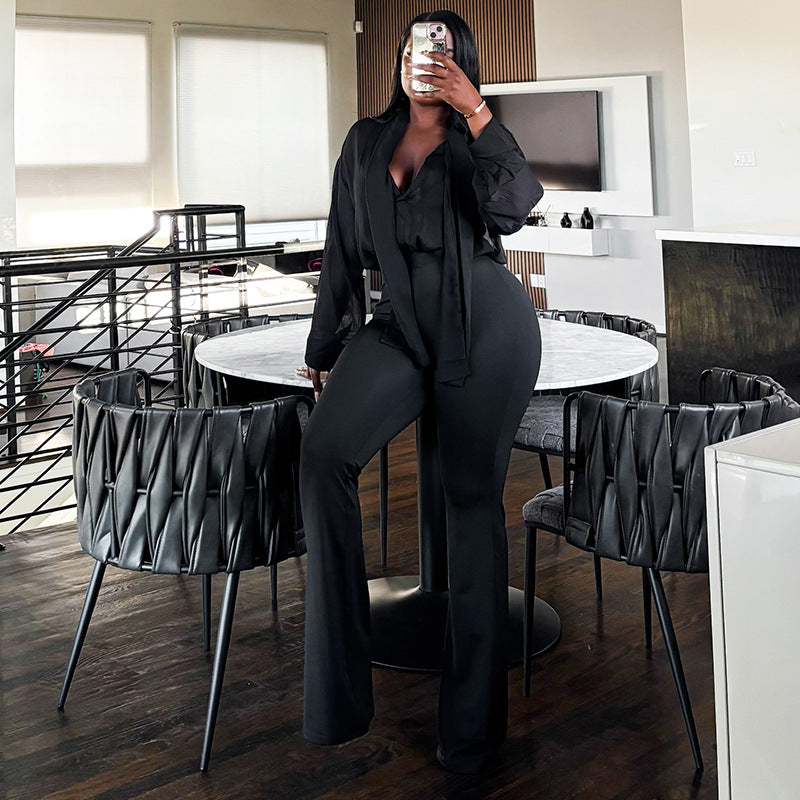 Mesh Ribbon Top With Long Sleeves And Flared Pants A Sassy Two-piece Set