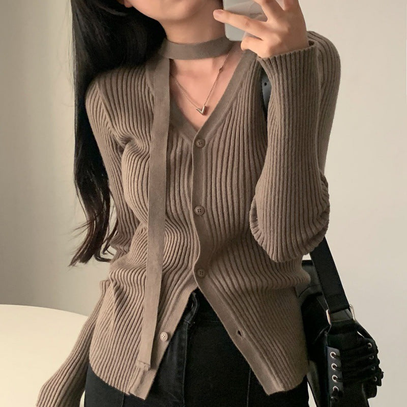V-neck Single Breasted Slim Fit Slimming Sweater