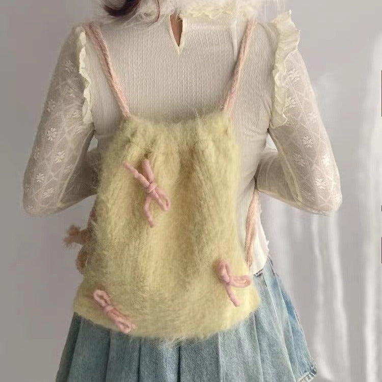 Drawstring Backpack Bowknot Furry Cloth Bag Tender Yellow Ladies