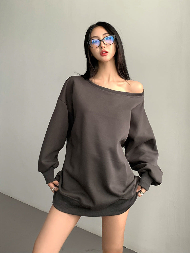 Efterår og Vinter Amerikansk Sweater Kvinder Design Off-shoulder Løs Casual