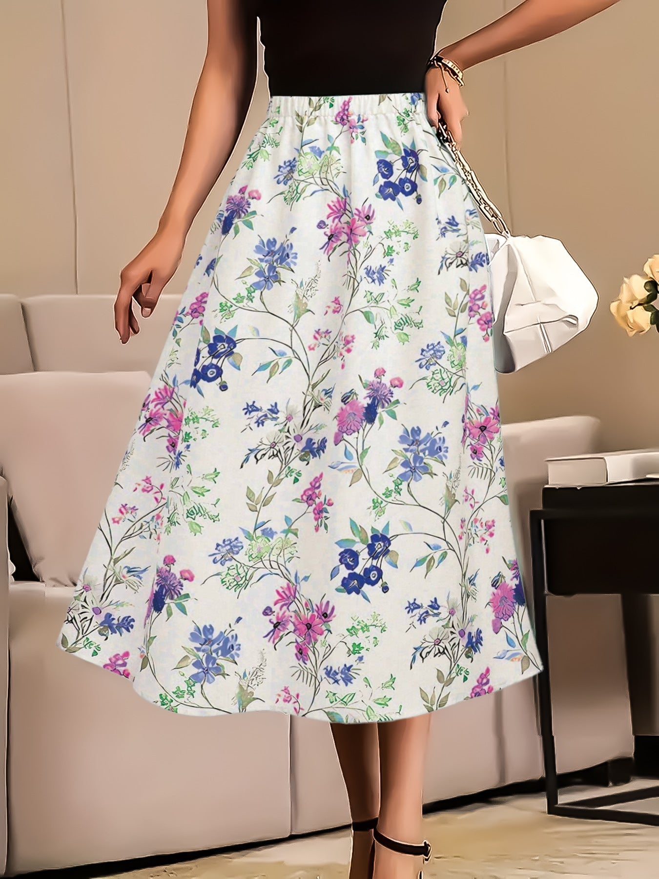 Floral Print High Waisted Skirt