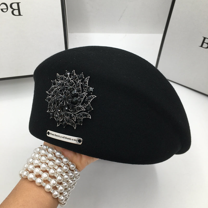 Celebrity Elegant Bright Diamond Woolen Black Beret