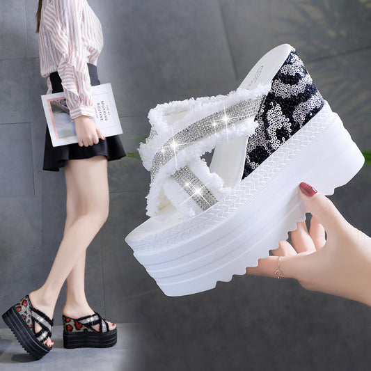 Women's New Wedge Heel Fashion Rhinestone Fish Mouth Shoes  12cm