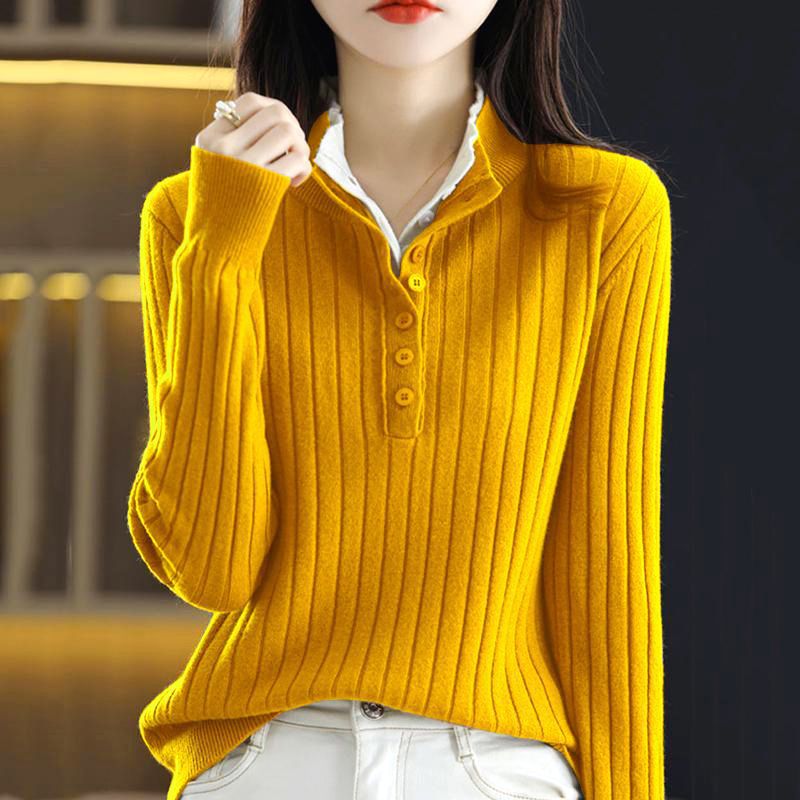 Fake Two-piece Half-open Collar Button-up Sweater Women