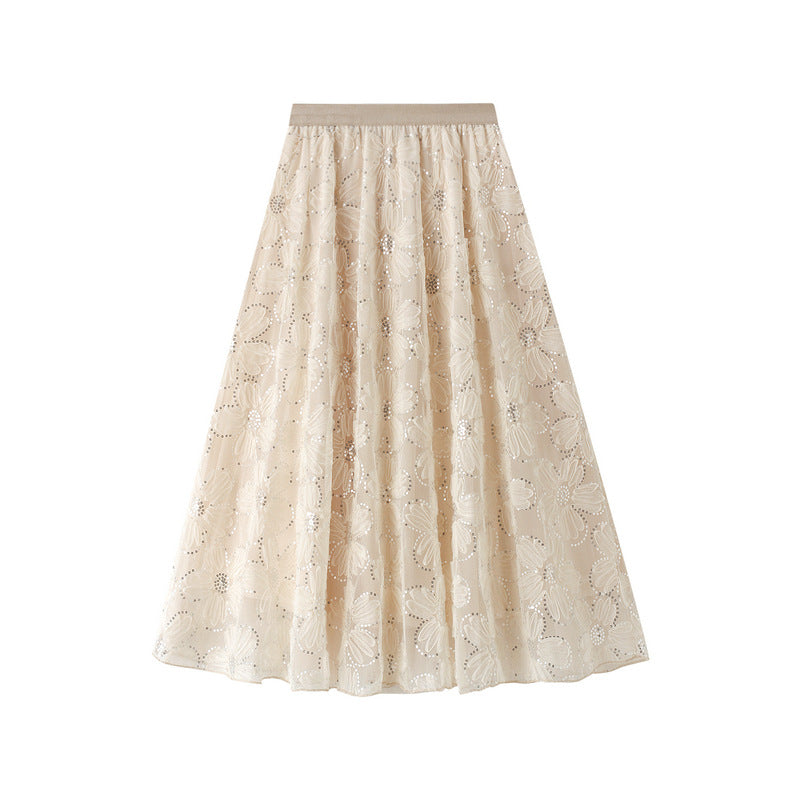 Women's Lace Skirt Sequin Large Flower A- Line Skirt