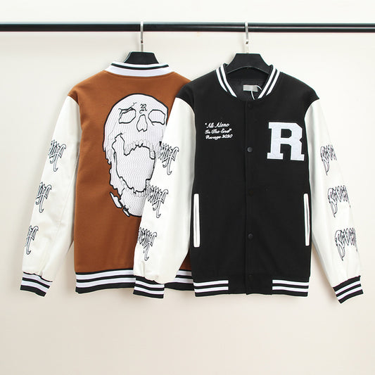 Men's And Women's Skull Embroidery Leather Sleeve Stitching Baseball Uniform Jacket