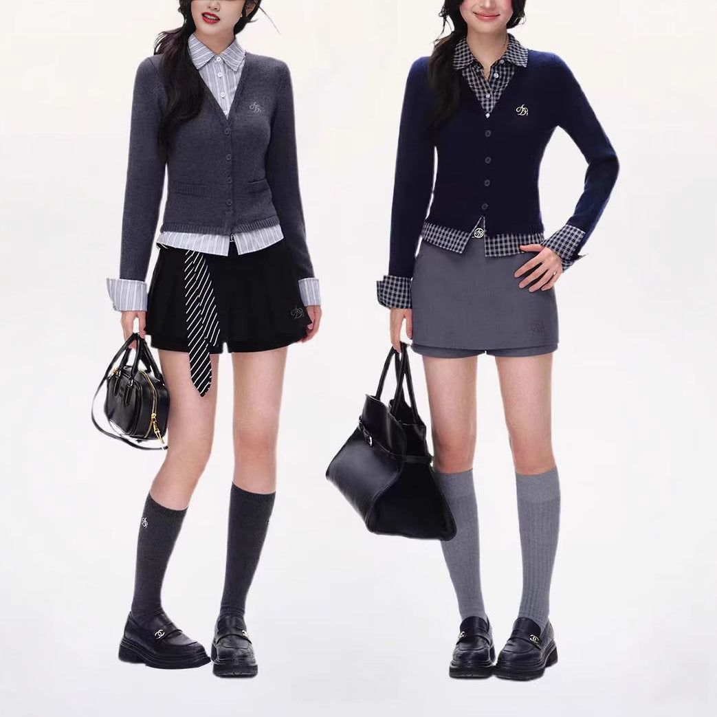 V-neck Fake Two-piece Knitted Cardigan For Women