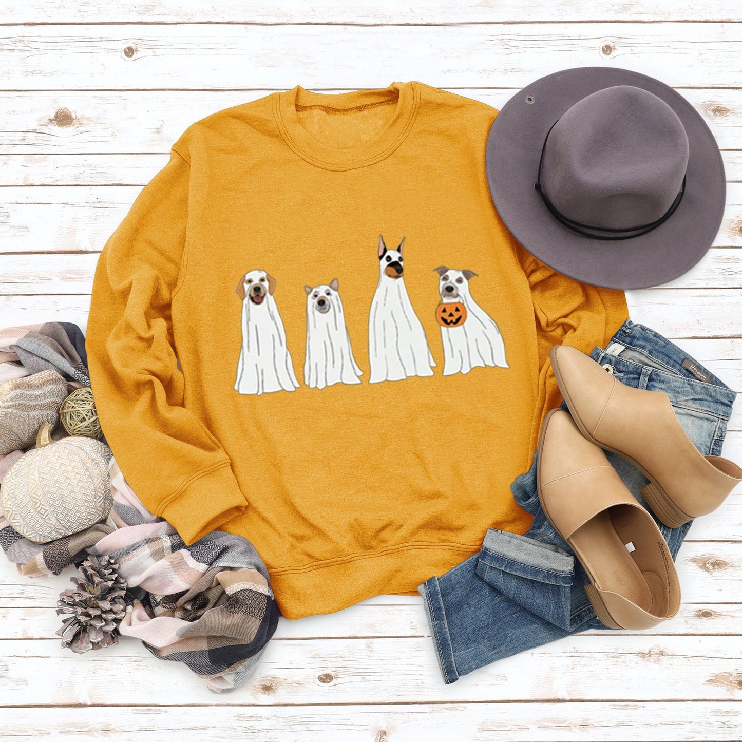 Halloween Ghost Puppy Printed Round Neck Long Sleeve Sweater