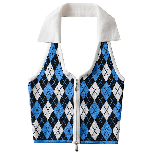 American Vintage Polo Neck Knitted Plaid Vest