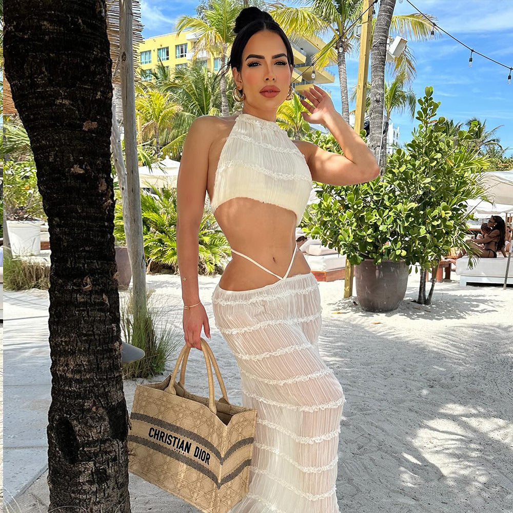 Fashionable See-through Lightweight Wrap-top And Maxi Skirt Set For Women