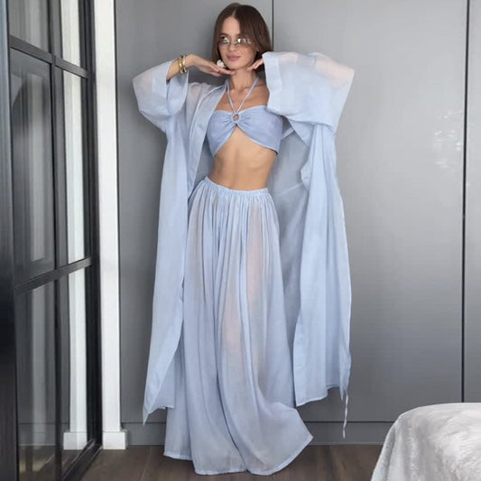 Long Coat Tube Top And Wide-leg Pants Three-piece Set