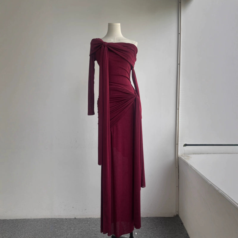 Rare Flowy Yellow Spliced Off-shoulder Dress With Irregular Pleats And Draped Shoulder Detailing