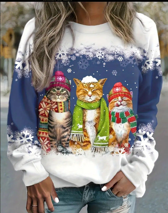 Cross-border Women's Christmas New Snowman And Cat Printed Long Sleeve Casual Loose-fitting T-shirt Christmas Supplies