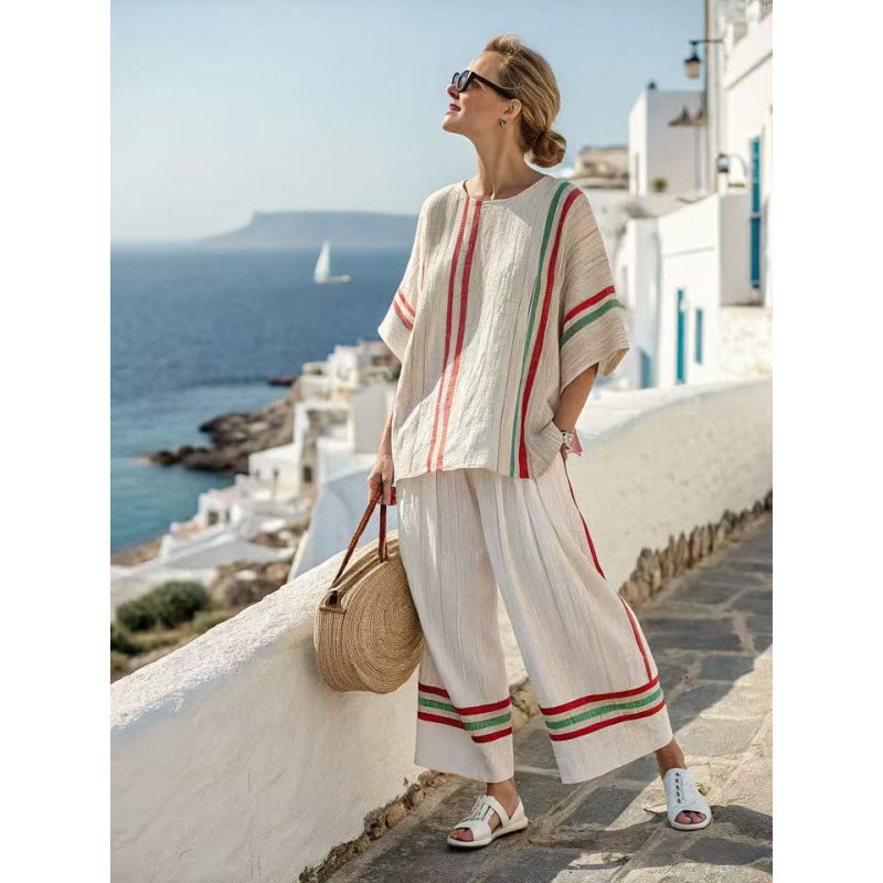 Fashionable Loose Crew-Neck Printed Short-Sleeve Shirt And Pants Set