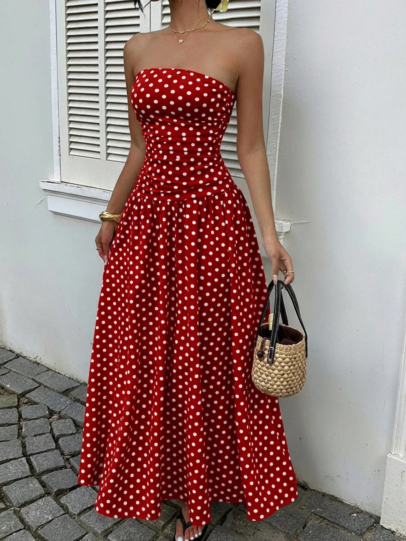 Elegante Prikkede Off-shoulder Kjoler Ensfarvede Stropløse Dame Højtaljede Robe Pendlerfest Forretning Strand Ferie Outfit