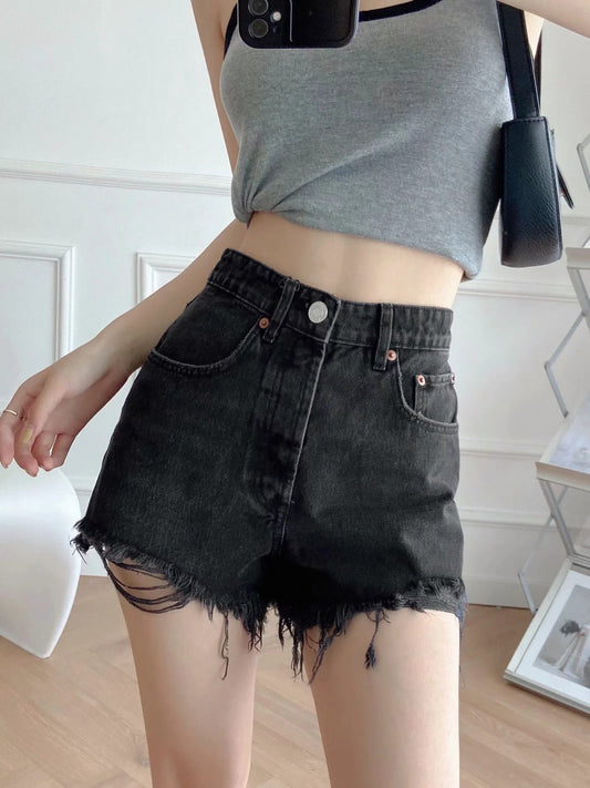 Women's High Waist Wide Legs Irregular Ripped Raw Edge Denim Shorts