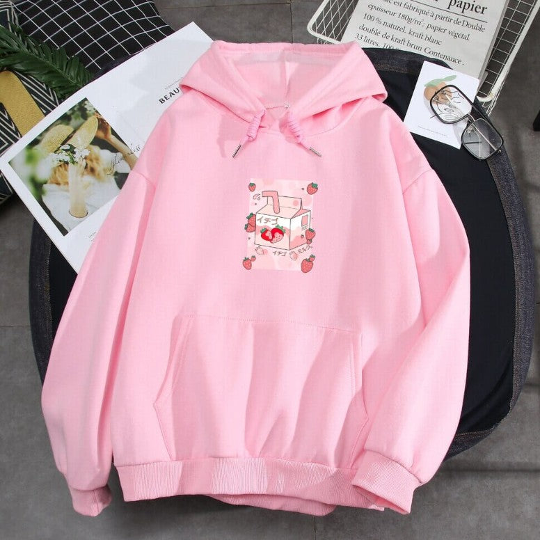 Kawaii Strawberry Milk Soft Hoodie