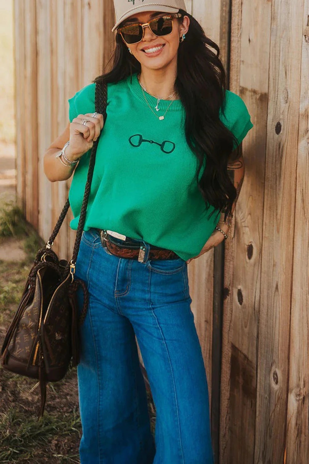 Bright Green Horsebit Embroidery Loose Sweater With Short Sleeves