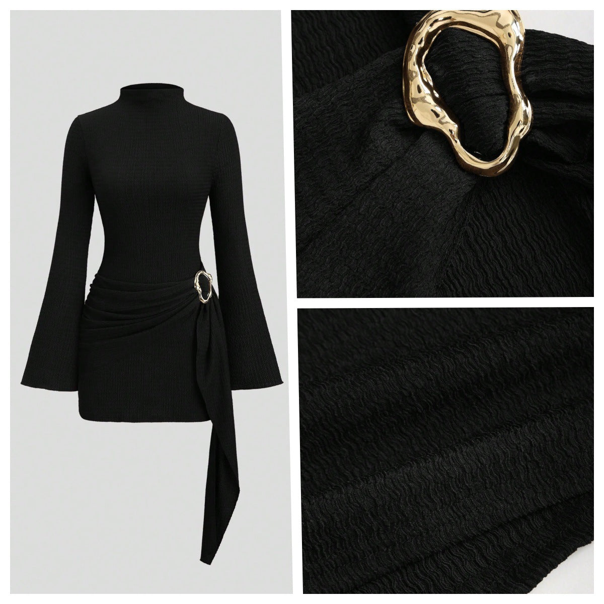 Metal Waist Buckle Minimalist Slightly Flared Sleeve Slim Fit Midi Dress