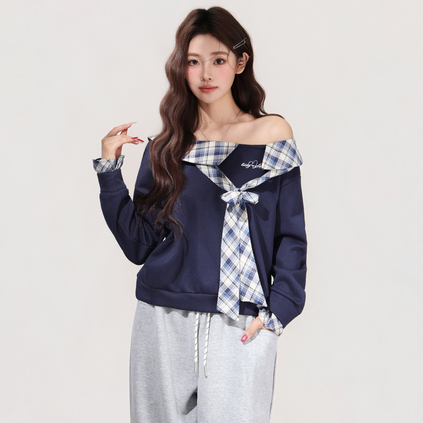 Women's Plaid Bow Off-shoulder Long-sleeve Base Shirt