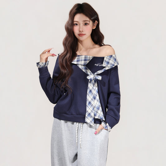 Women's Plaid Bow Off-shoulder Long-sleeve Base Shirt