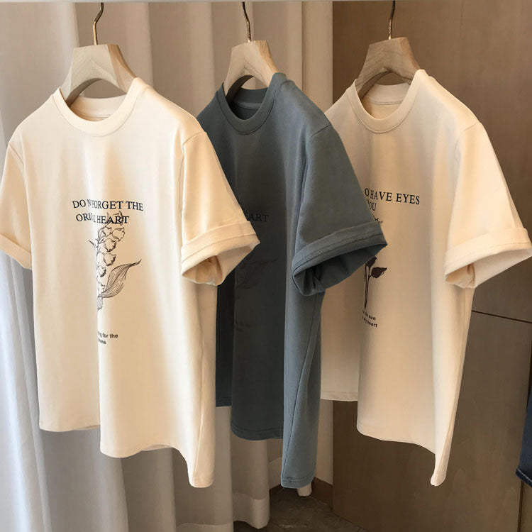 Four-season Cotton Pattern Letter Print Pullover Short Sleeve Women