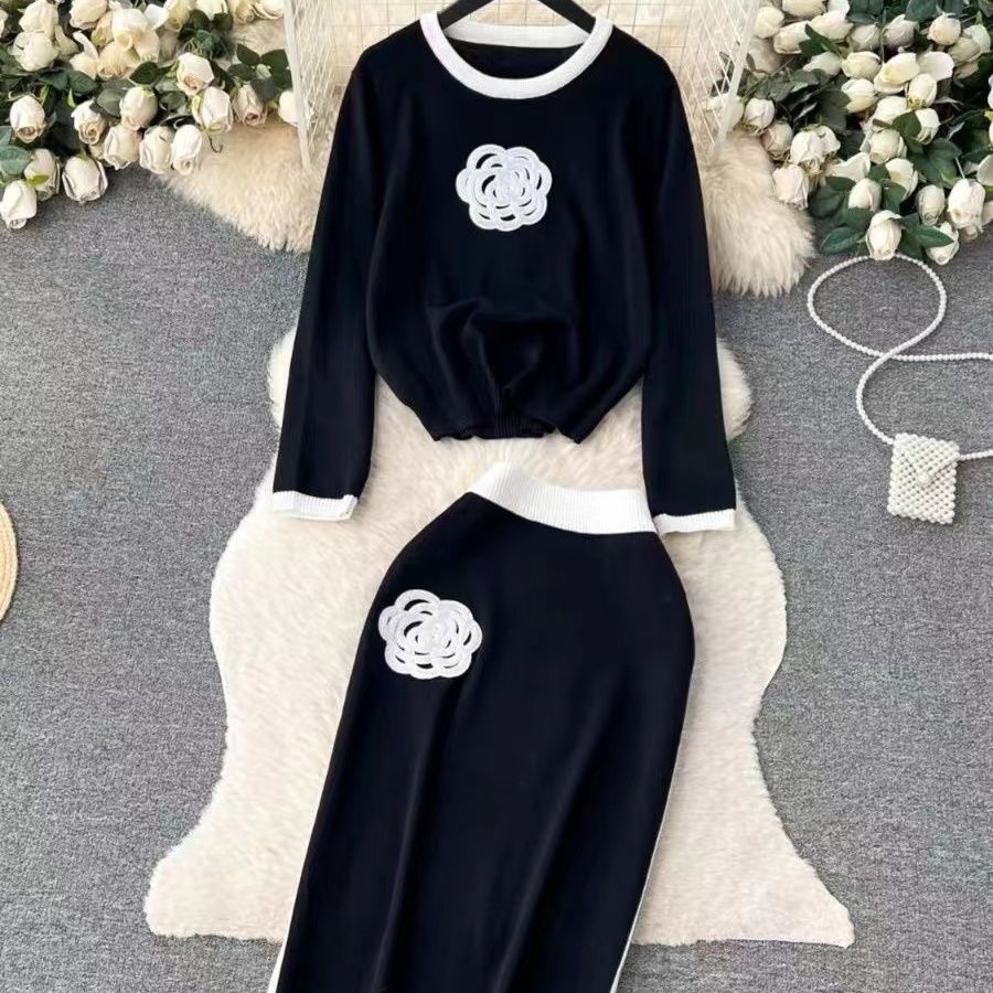 Crew-neck Loose-fit Knit Top And High-waisted Midi Skirt