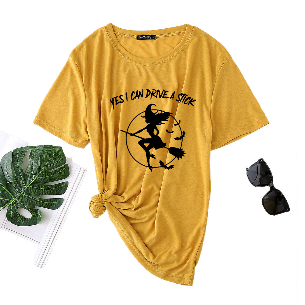Flying Witch Print Crew Neck Short Sleeve T-Shirt