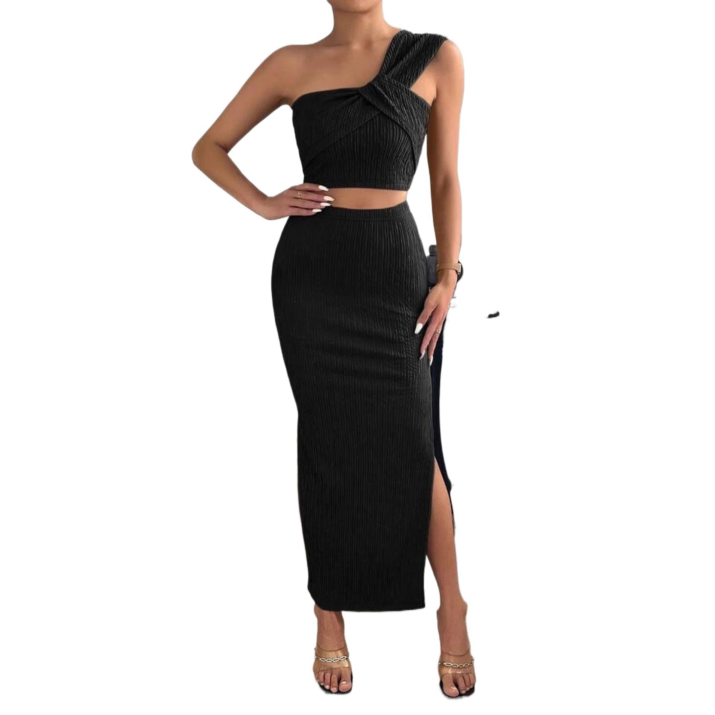 Pleated Split Skirt And Offshoulder Top Set For Summer
