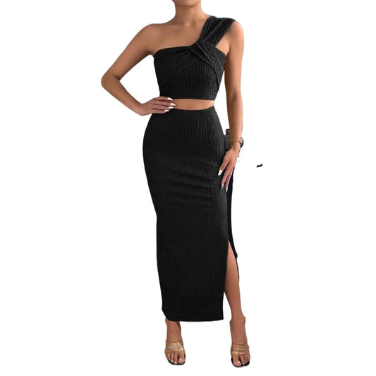 Pleated Split Skirt And Offshoulder Top Set For Summer