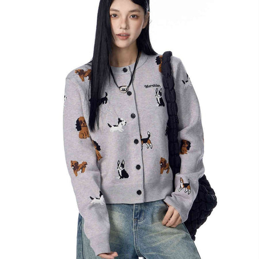 American Retro Gray Puppy Cardigan Sweater
