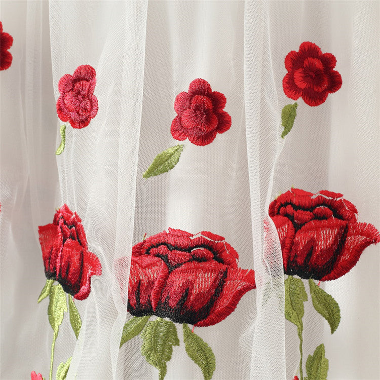 Embroidered Floral Pleated Mesh Skirt Mid Length