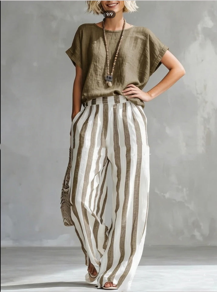 Women's Striped Cotton-Linen Two-Piece Set