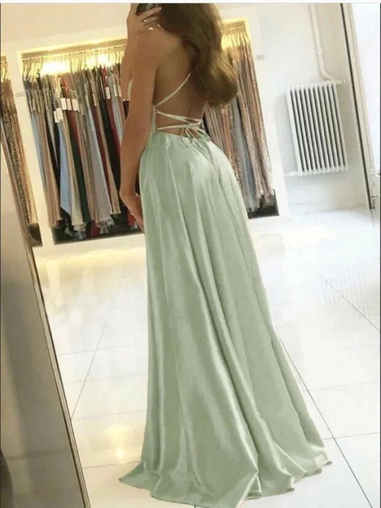 Elegante Maxi Kjole til Kvinder, Strand Satin Kjole med Slids og Snøre