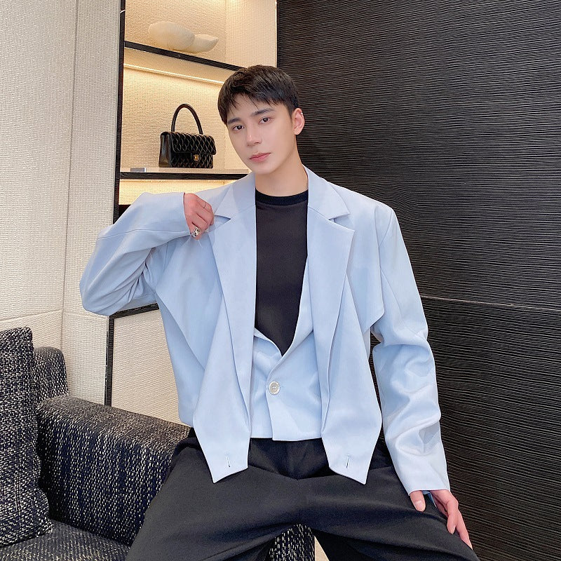Men's Short Asymmetrical Cross-Collar Blazer With Patchwork Design