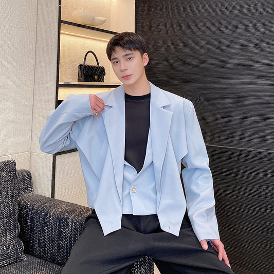 Men's Short Asymmetrical Cross-Collar Blazer With Patchwork Design