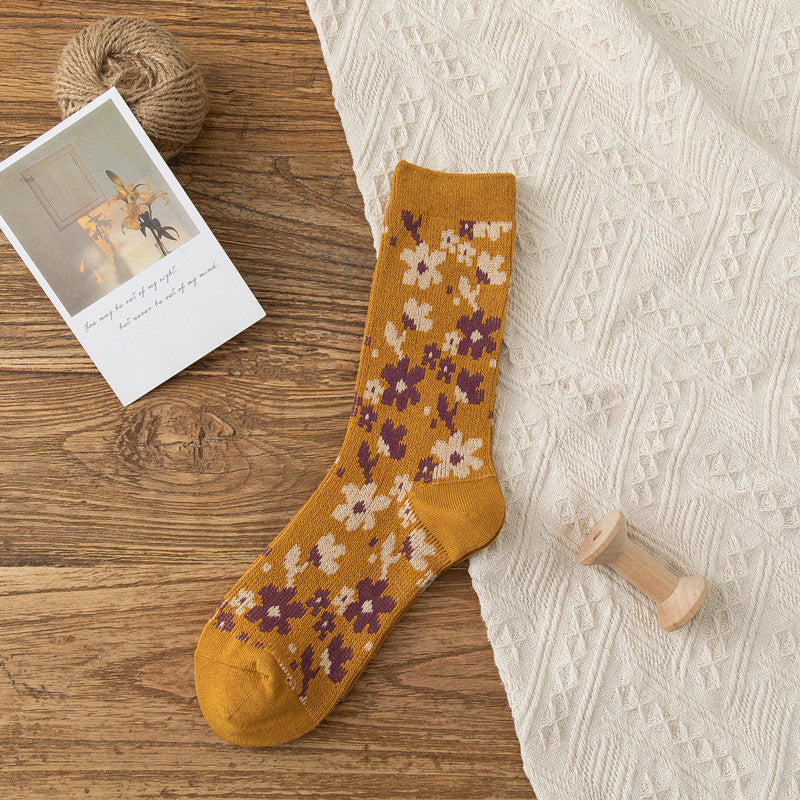 Retro-style Small Floral Ladies' Socks With High Tubes And Piles
