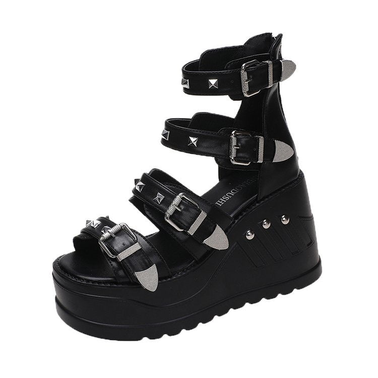 Muffin Thick Bottom Wedge High Heels Roman Fish Mouth Rivet
