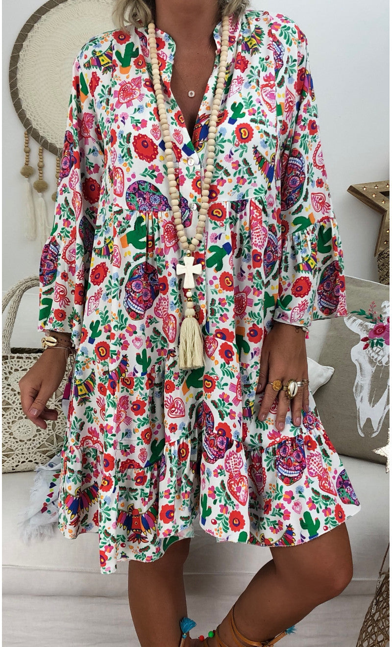 Printed Pointed Collar Button Ruffled Loose Dress