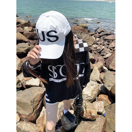 Letter Checker Lapel Pullover Sweatshirt