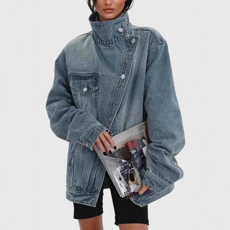 Cappotto di jeans lavato irregolare in stile coreano ampio da donna