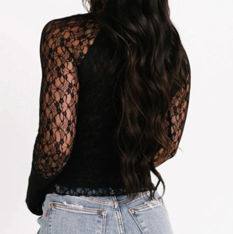 Black Transparent Lace Long Sleeve Slim Fit Henley Top