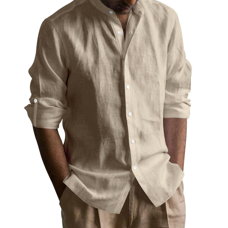 Men's Linen-cotton Long Sleeve Stand Collar Shirt