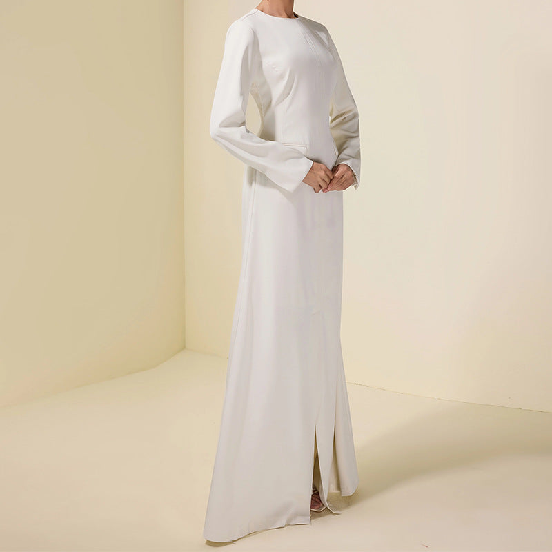 Womens Crew-Neck Long-Sleeve Slit Simple Slim-Fit Elegant Maxi Dress