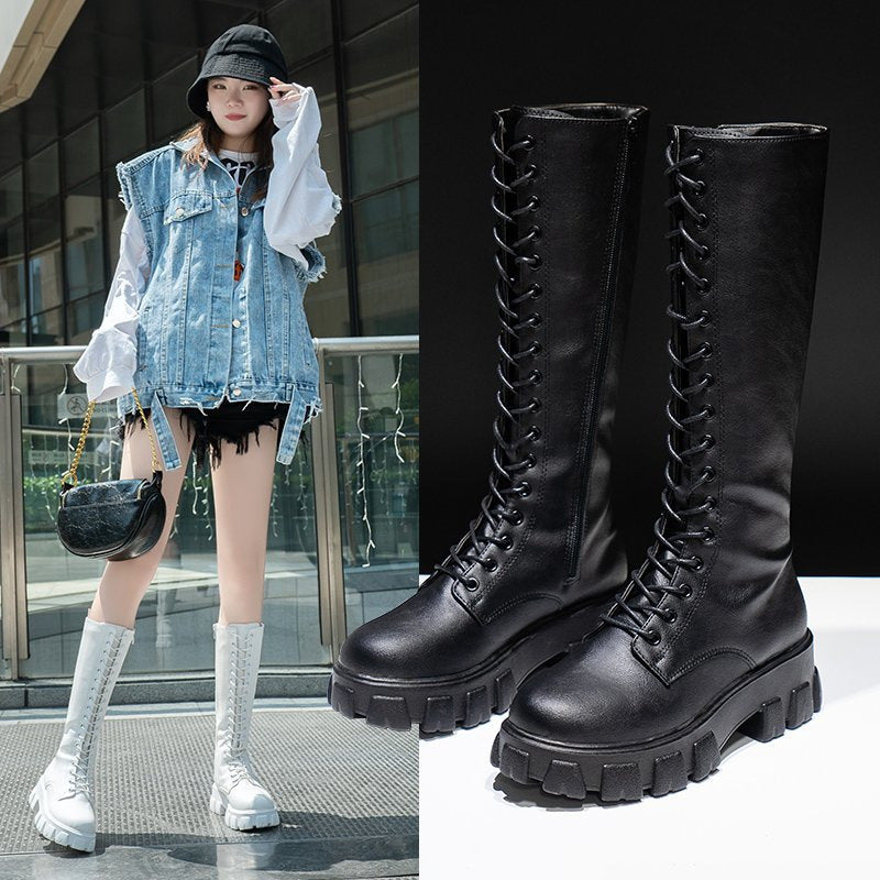 Round Toe Cross Strap Platform Flat-heel Martin Boots