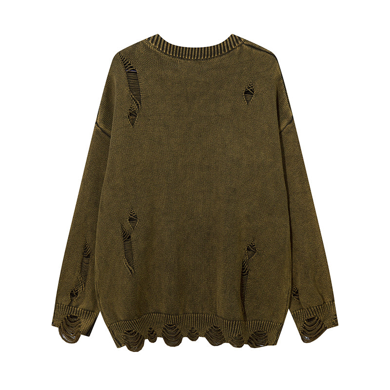 Heavy-duty Washed Make Old Ripped Round Neck Sweater
